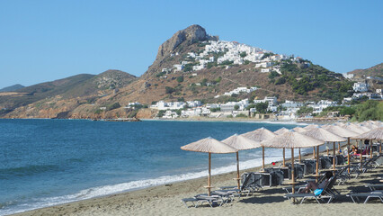 Magazia famous beach in Skyros island below main picturesque village and castle built uphill,...