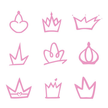 Hand drawn doodle crowns. Set, collection of vector icons. Illustration for design.