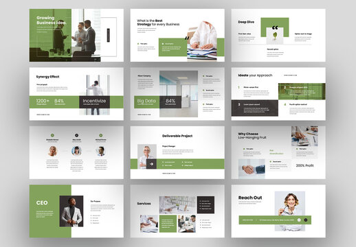 Elegant Business Presentation Slides with Green Accent
