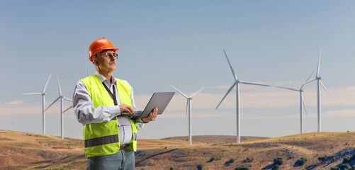 Engineer working with a laptop computer on a wind turbine farm