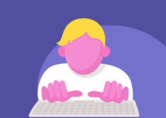 The man works for the computer. Hands and Keyboard. Vector flat illustration. Icon, sign. 