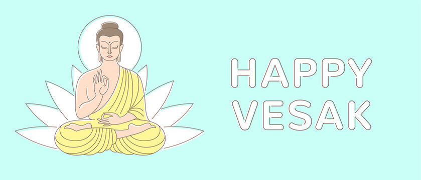 Happy Vesak vector greeting card, banner. Sitting Buddha figure and lotus shape linear simple colorful drawing. Buddha Purnima, Birthday day illustration, poster template. Esoteric design element. 