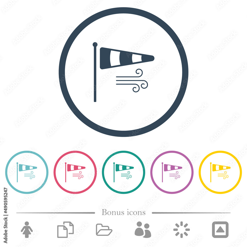 Poster windsock indicator with wind solid flat color icons in round outlines