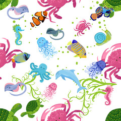 Marine life, fish, animals bright seamless pattern. sea travel, underwater diving animal tropical fish. Jellyfish, whale, shark, seahorse, clown fish, dolphin, turtle, emperor
