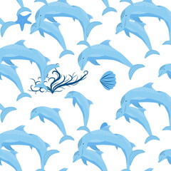 Naklejka premium Dolphin, sea inhabitants seamless pattern, beautiful character among seashells, algae, starfish, marine wildlife