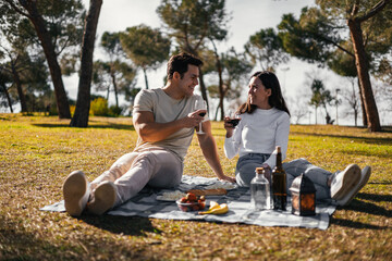 Happy young couple enjoying a glass of wine on a romantic picnic in a park.