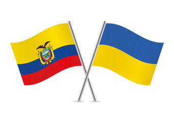 Ecuador and Ukraine crossed flags. Ecuadoran and Ukrainian flags, isolated on white background. Vector icon set. Vector illustration.