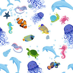 Naklejka premium Sea inhabitants seamless pattern, beautiful character among seashells, seaweed, starfish, sea animals wildlife