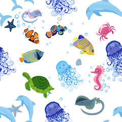 Sea inhabitants seamless pattern, beautiful character among seashells, seaweed, starfish, sea animals wildlife