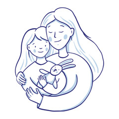 Sketch illustration for mothers day. Mom hugs her daughter, daughter holding a hare toy. Parent-child relationship. Monochrome vector sketch isolated on a white background.