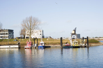 Small harbor with a fire boat in Nijmegen in the Netherlands.
