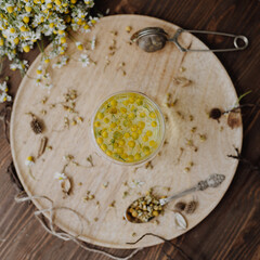 hot chamomile tea in glass cup