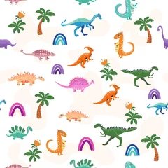Tapeten Hand drawn cute dinosaurs seamless pattern. Childrens pattern with dinos, rainbows, clouds, stars, polka dots © MichiruKayo