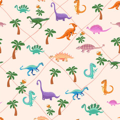 Hand drawn cute dinosaurs seamless pattern. Childrens pattern with dinos, rainbows, clouds, stars, polka dots