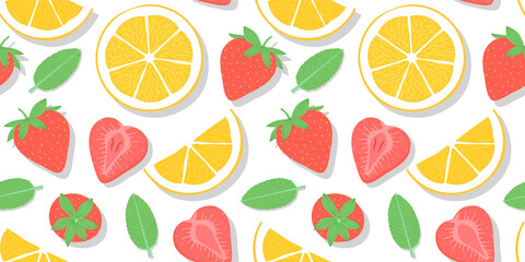 Lemon and strawberry fruit seamless pattern illustration with mint leaf. Drink cocktail or tea infusion ingredient cartoon background. Fresh organic fruits flat lay backdrop.
