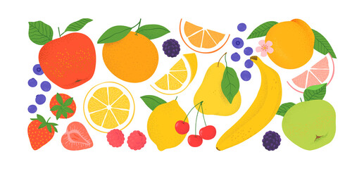 Tropical summer fruit clipart illustration collection. Isolated fruits ingredient cartoon set. Fresh organic apple, orange, strawberry, banana and more.