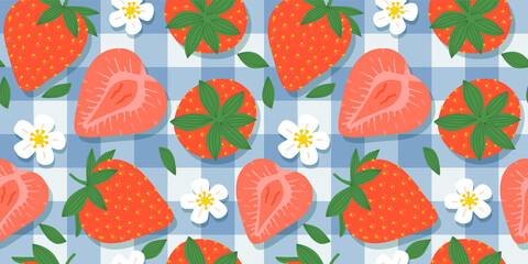 Strawberry fruit picnic seamless pattern illustration. Retro nature food ingredient cartoon background. Fresh spring season fruits backdrop.