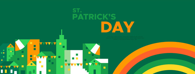 St. Patrick's Day web template illustration of ireland city celebration with night city skyline. Ireland party event on march 17.