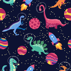 Dino in space seamless pattern. Cute dragon characters, dinosaur traveling galaxy with stars, planets. Kids cartoon background. Illustration of astronaut dragon, kids wrapping with cosmic dino © MichiruKayo