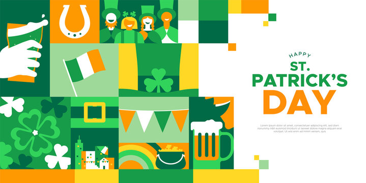 Happy St. Patrick's Day landing web page template for traditional ireland celebration on march 17. Flat cartoon mosaic illustration includes green shamrock leaf, beer, irish flag and more.