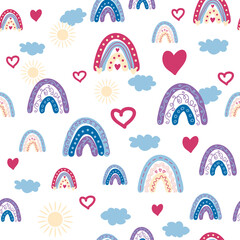 Rainbow seamless pattern in pastel colors. Scandinavian baby hand drawn illustration for textiles and newborn clothes.