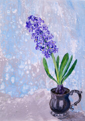 Delicate spring hyacinth on a gray blue background acrylic painting