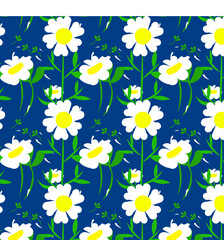 Fototapeta na wymiar Sweet daisies ditsy vector seamless pattern design. Summer fabric design with blue background, scrapbooking, wallpaper