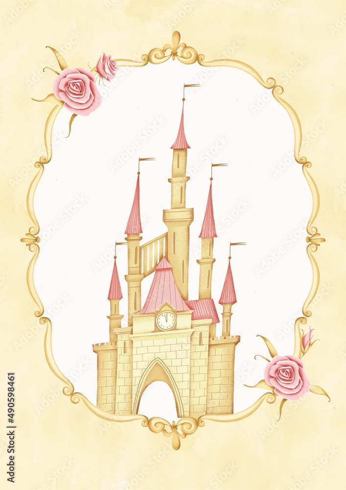 Wall mural a fairy-tale castle in a golden vintage frame with roses. stock illustration.