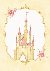 Fototapeta na wymiar A fairy-tale castle in a golden vintage frame with roses. Stock illustration.