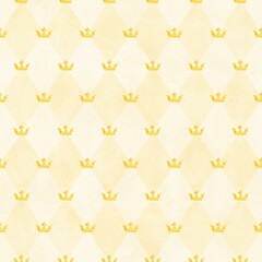 Watercolor rhombus seamless pattern with crowns. Vintage style. Golden color. Yellow background. Stock illustration.
