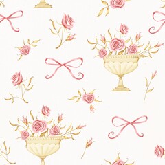 Cute seamless pattern of roses in vases on a light background. Vintage style. Stock illustration.