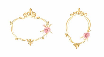 A set of two gold frames with roses in a cartoon style on a white background. Stock illustration.