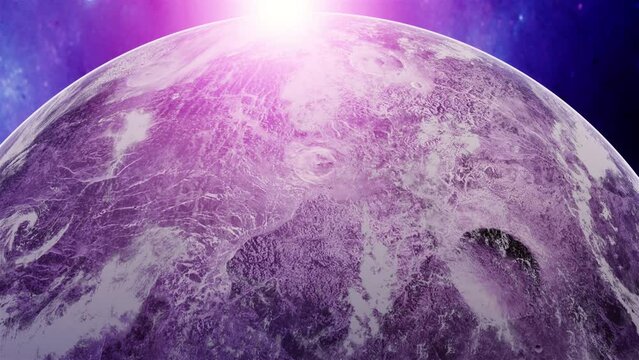 close up of purple planet with purple sun shining. abstract planet animation