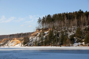Frozen pond and forest on a sunny winter day