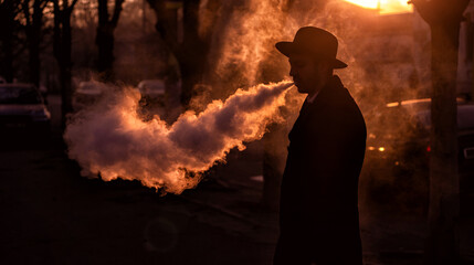 Silhouette of handsome man in black hat smoking electronic cigarette in on city street.