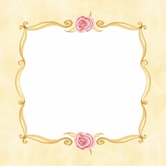 Square gold vintage frame with roses on a yellow background. Stock illustration.