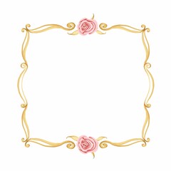 Square gold vintage frame with roses on a white background. Stock illustration.