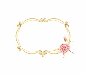 Horizontal gold vintage frame with roses on a white background. Stock illustration.