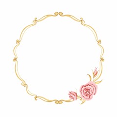 Round gold vintage frame with roses on a white background. Stock illustration.