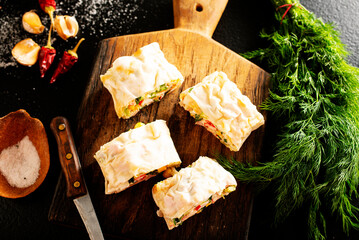 Lavash roll with crab, cheese and eggs, selective focus © tycoon101