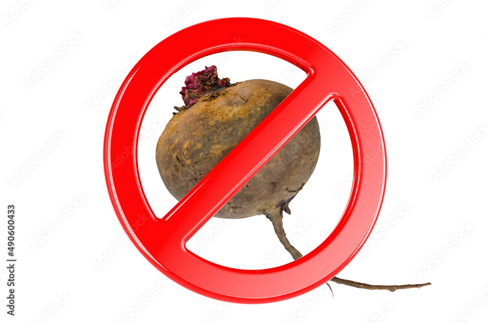 Poster beetroot with forbidden sign, 3d rendering