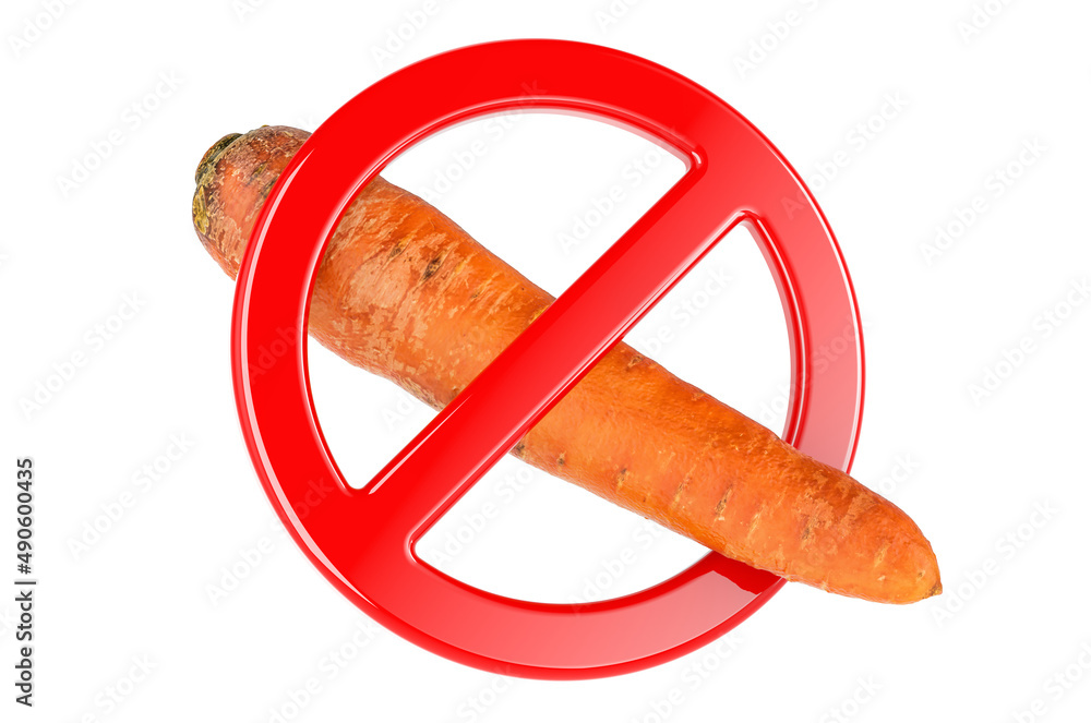 Poster carrot with forbidden sign, 3d rendering