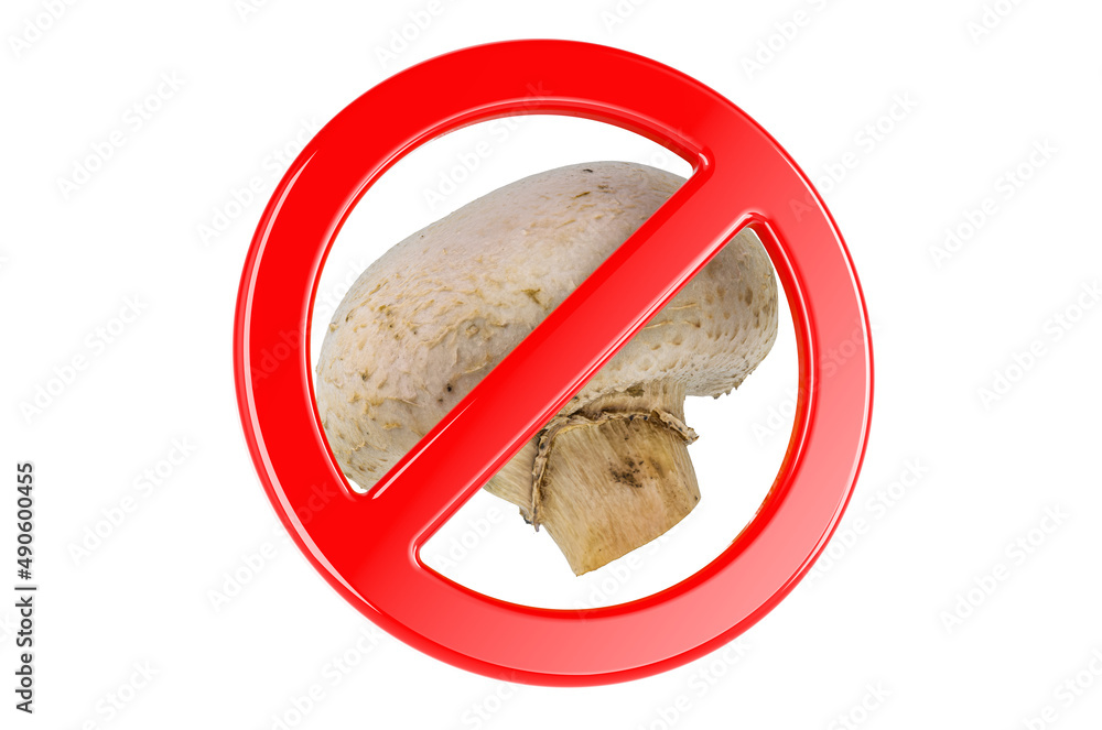 Poster champignon mushroom with forbidden sign, 3d rendering