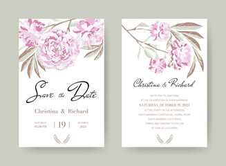 Floral wedding invitation, save the date card template. Design with beautiful pink peonies, green leaves and branches on a white background.