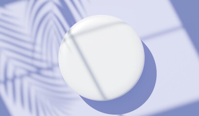 3d render top view of white blank cylinder frame for mock up and display products with shadows of palm leaves, earth tone, and violet wall background. Creative idea concept. Widow shadow.