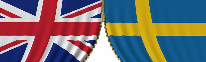 the United Kingdom and Sweden cooperation or conflict, flags and closing or opening zipper between them. Conceptual 3D rendering