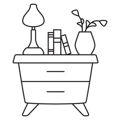 Nightstand outline icon.Thin line black bedside table with lamp.Chest of drawers.Line art vector illustration. Isolated on white background.