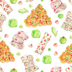 Watercolor oriental food. Watercolor turkish sweets. Turkish delight. Rahat lokum pattern. Watercolor sweets pattern. Seamless pattern for wrapping paper, backgrounds, web, banners, packing