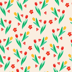 Seamless pattern with yellow and red tulips.Happy Easter pattern.