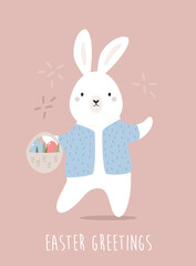 Easter card with cute funny rabbit and basket of eggs